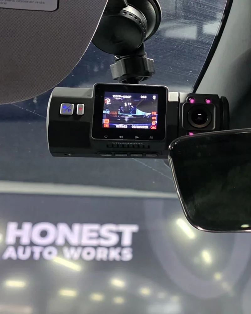 Installed dash cam with clean placement at Honest Auto Works in Miramar, San Diego