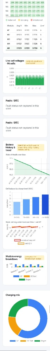 Sample Tesla cell voltage, battery history and charging data report