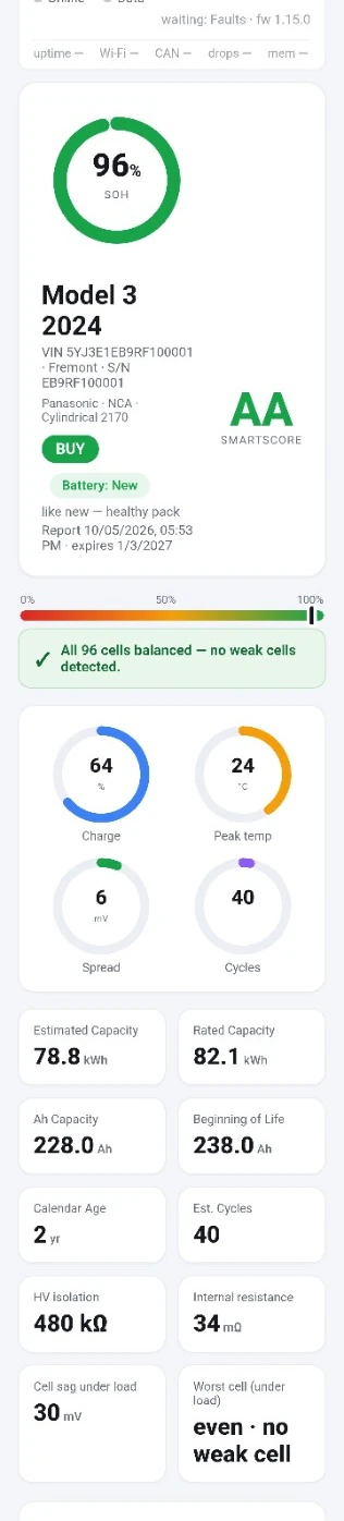 Sample TSLASCAN report showing Tesla battery state of health and detailed battery data